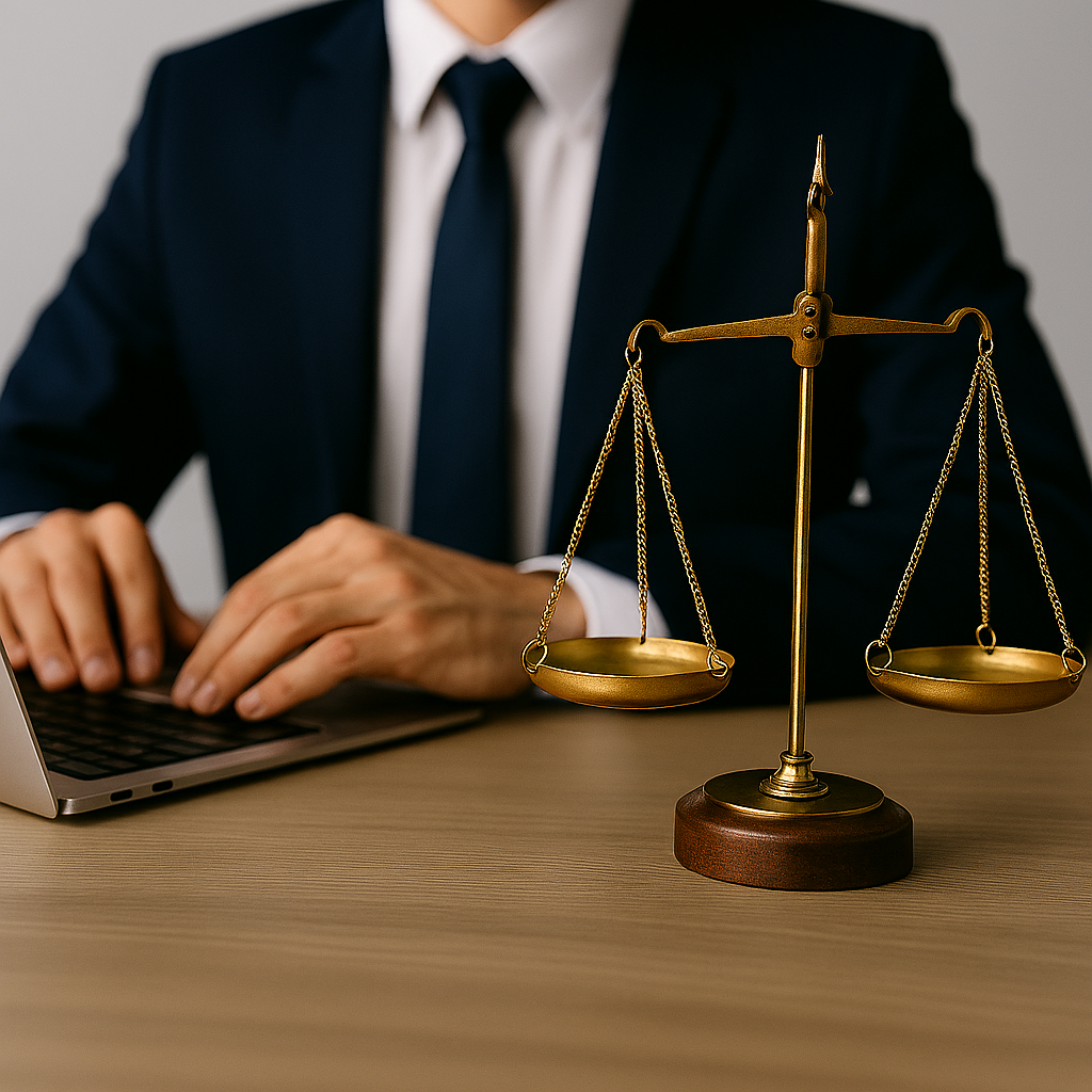 Juridiskām personām: Taisnīguma svari blakus klēpjdatoram – juridiskie risinājumi uzņēmumiem un organizācijām.