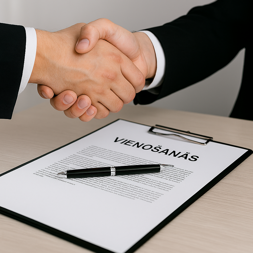 Vienošanās: Rukaposhatie virs dokumenta ar uzrakstu 'Vienošanās' – simbolizē juridisku vienošanos Latvijā.